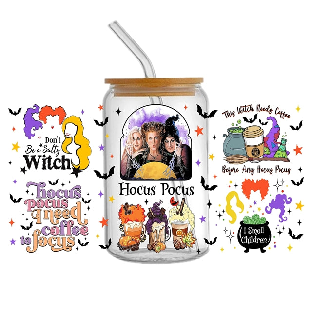 Hocus Pocus Halloween UV DTF Glass Can Wrap for 16 oz Libbey Glass, Permanent and Ready to Apply, UV dtf Cup Wrap ready to ship, Glass Can Wrap