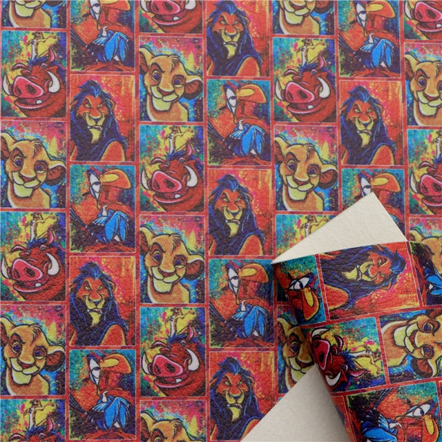 Mufasa The Lion King Printed Faux Leather Sheet Litchi has a pebble like feel with bright colors