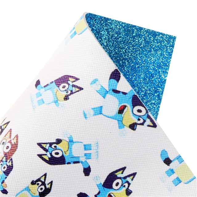 Blue Dog Glitter Double Sided Pattern Faux Leather Sheet