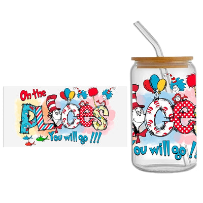 The Cat In The Hat Dr Seuss UV DTF Glass Can Wrap for 16 oz Libbey Glass, Permanent and Ready to Apply, UV dtf Cup Wrap ready to ship, Glass Can Wrap