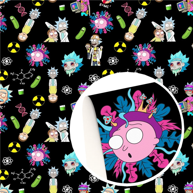 Rick and Morty TV Show Litchi Printed Faux Leather Sheet Litchi has a pebble like feel with bright colors