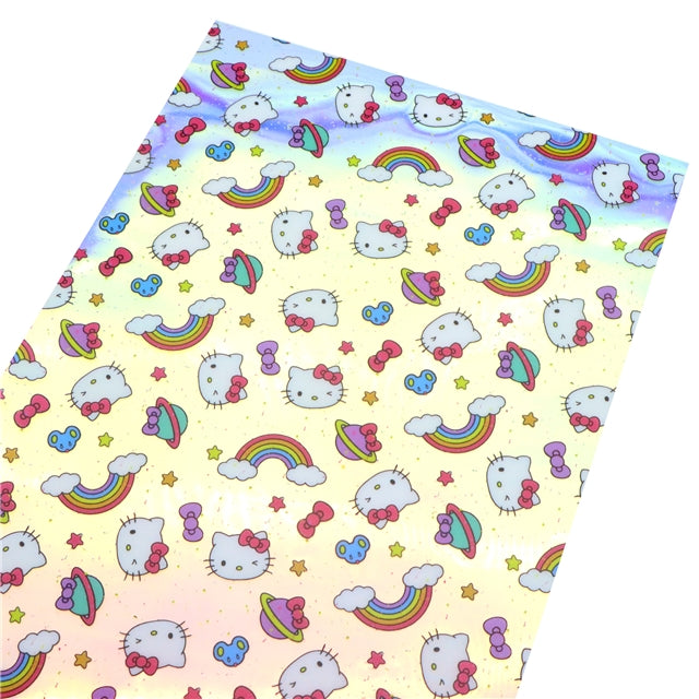 Cute Cat Holographic Printed Faux Leather Print Sheet