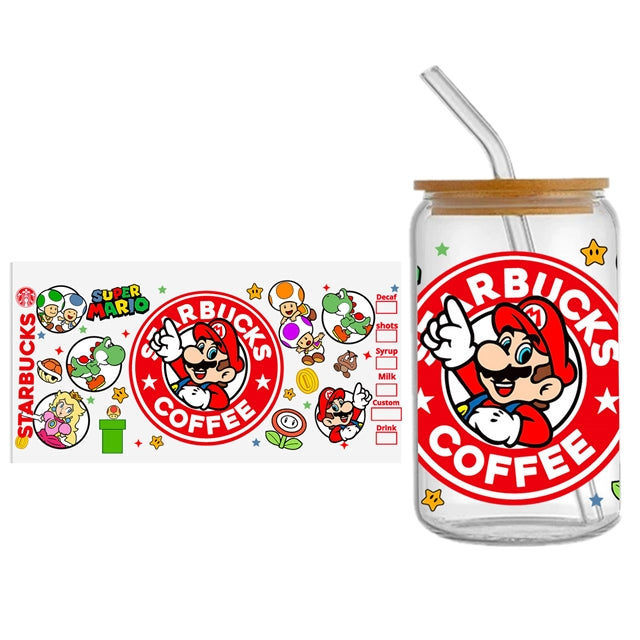 Super Mario  UV DTF Glass Can Wrap for 16 oz Libbey Glass, Permanent and Ready to Apply, UV dtf Cup Wrap ready to ship, Glass Can Wrap