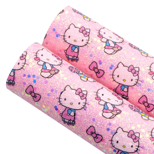 Cute Cat Chunky Glitter Printed Faux Leather Sheet