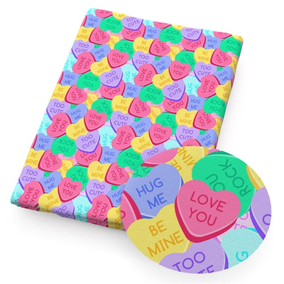 Valentine Candy Hearts Litchi Printed Faux Leather Sheet Litchi has a pebble like feel with bright colors