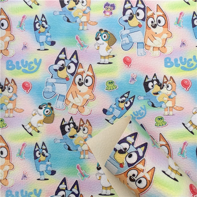 Blue Dog Cartoon Printed Faux Leather Sheet FeeFiFauxLeather