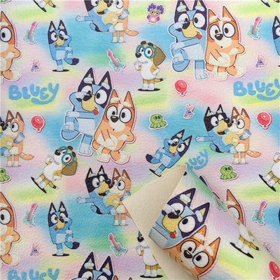 Bluey Cartoon Litchi Printed Faux Leather Sheet Litchi has a pebble like feel with bright colors