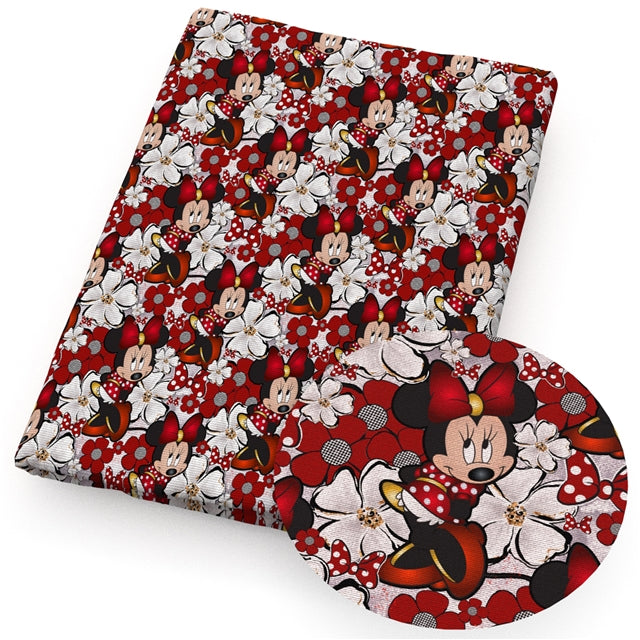 Mouse Flowers Printed Faux Leather Sheet Litchi has a pebble like feel with bright colors