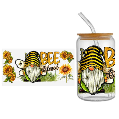 Bee Gnome UV DTF Glass Can Wrap for 16 oz Libbey Glass, Permanent and Ready to Apply, UV dtf Cup Wrap ready to ship, Glass Can Wrap