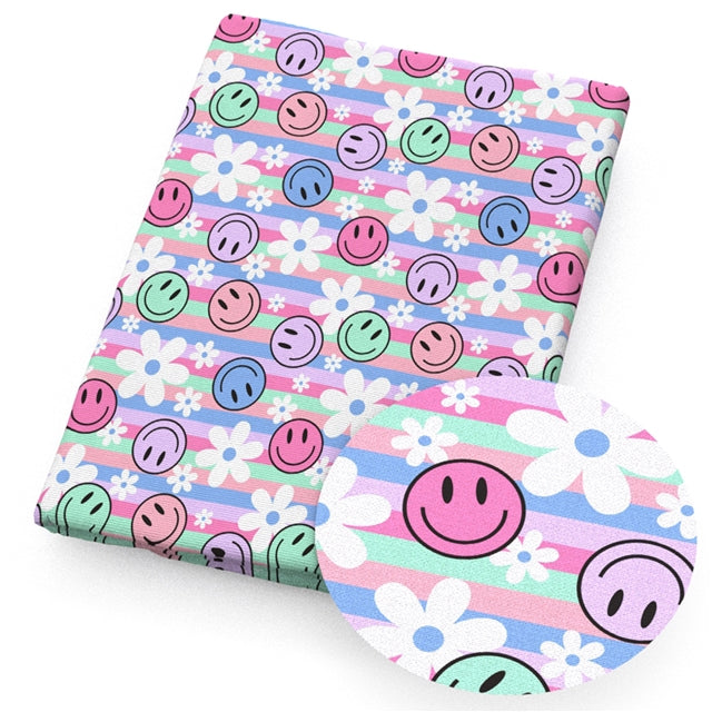 Smiley Face and Daisies Printed Faux Leather FeeFiFauxLeather