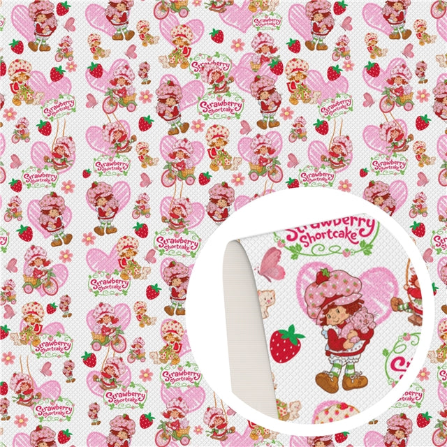 Strawberry Shortcake Litchi Printed Faux Leather Sheet Litchi has a pebble like feel with bright colors