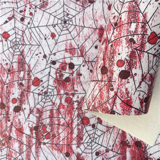 Halloween Blood with Spider Webs Litchi Printed Faux Leather Sheet