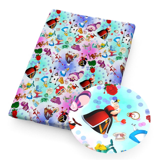 Alice In Wonderland Litchi Printed Faux Leather Sheet Litchi has a pebble like feel with bright colors