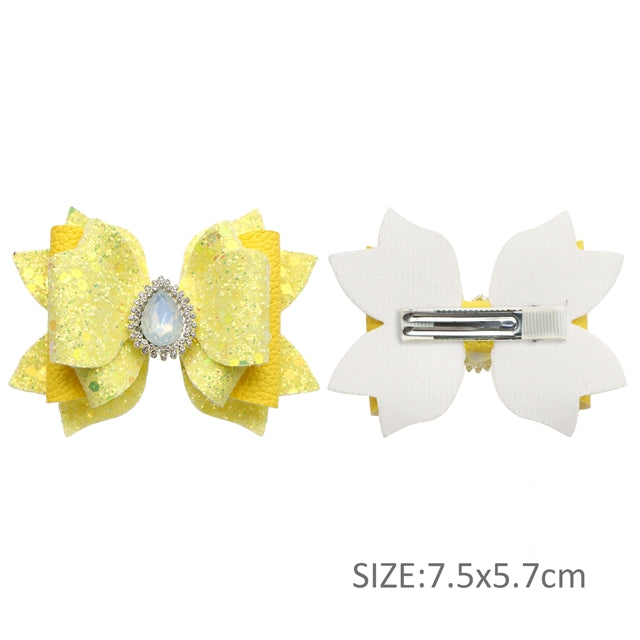 Yellow bow with Rhinestone Centerpiece Printed Faux Leather Pre-Cut Bow