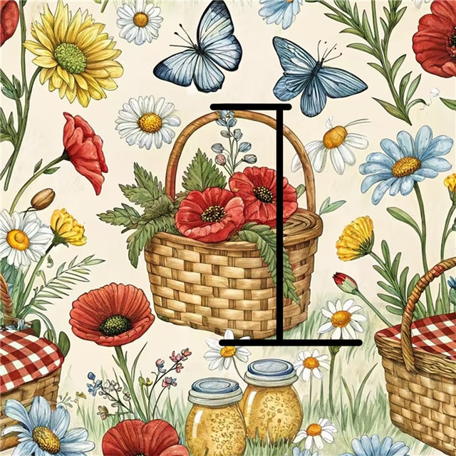 Flowers and Basket Picnic Printed Faux Leather Sheet