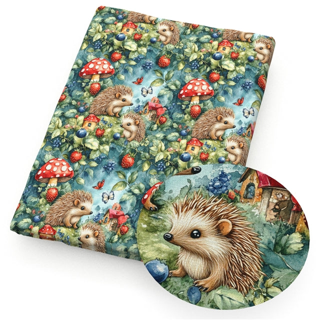 Hedgehog And Mushrooms Bullet Printed Fabric FeeFiFauxLeather