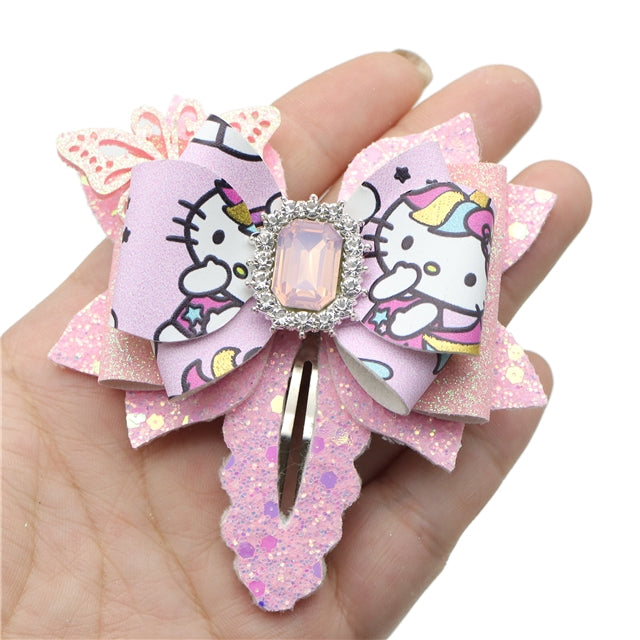 Cute Cat Printed Faux Leather Pre-Cut Bow Clip Includes Centerpiece