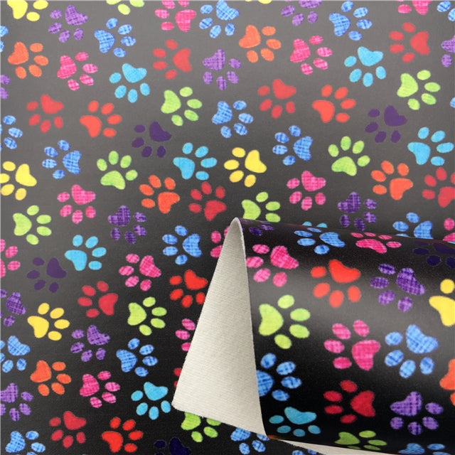 Colorful Dog Paw Litchi Printed Faux Leather Sheet FeeFiFauxLeather