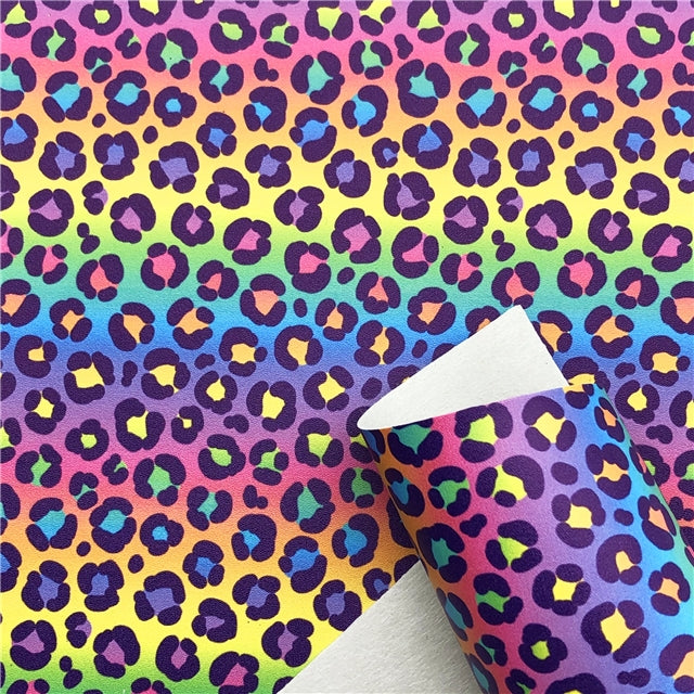 Rainbow Lisa Leopard Litchi Printed Faux Leather Sheet Litchi has a pebble like feel with bright colors