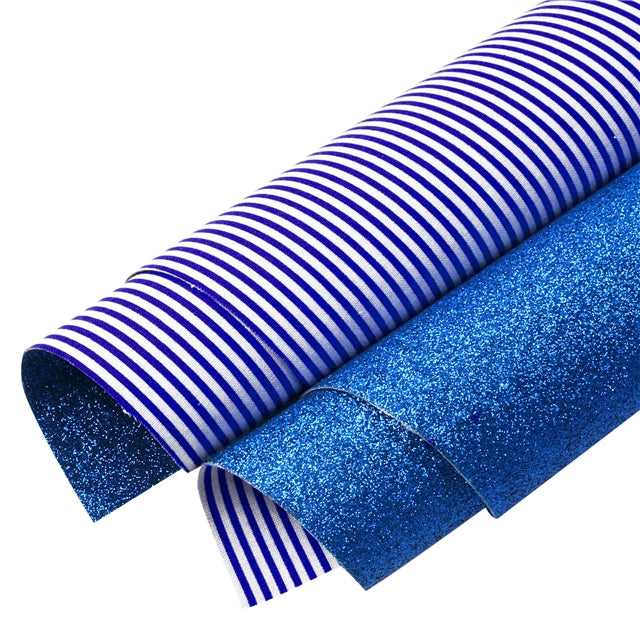 Blue and White Stripes Glitter Double Sided Faux Sheet