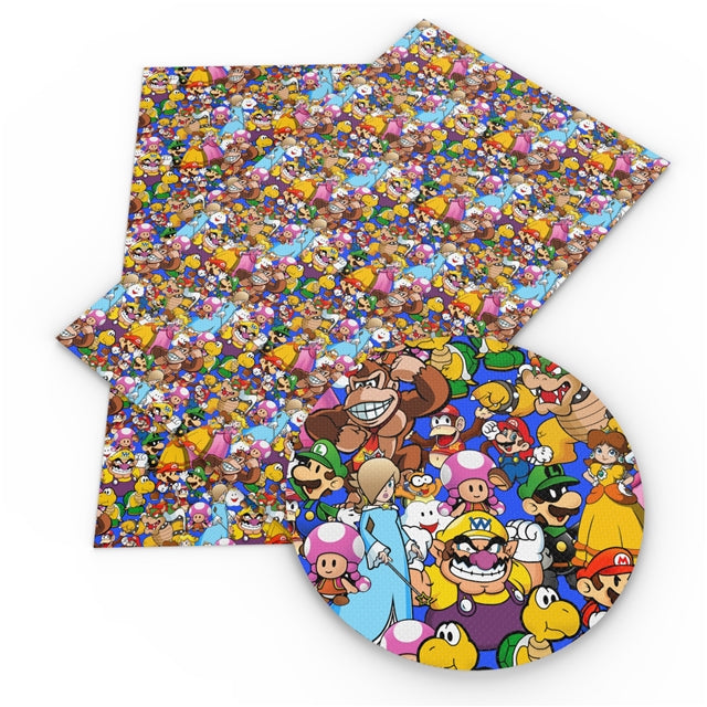 Super Mario Bros Litchi Printed Faux Leather Sheet Litchi has a pebble like feel with bright colors