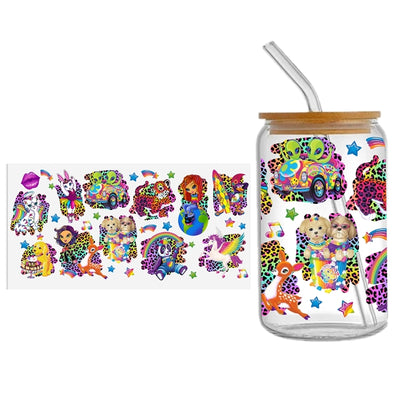 Lisa Frank UV DTF Glass Can Wrap for 16 oz Libbey Glass, Permanent and Ready to Apply, UV dtf Cup Wrap ready to ship, Glass Can Wrap