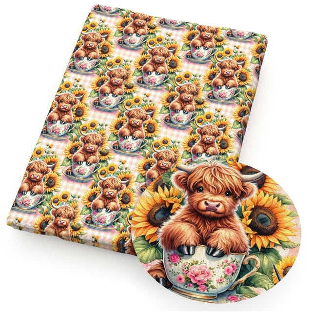 Highland Cow Sunflowers Printed Fabric FeeFiFauxLeather