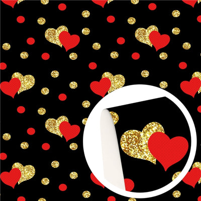 Gold and Red Hearts Valentine Litchi Printed Faux Leather Sheet Litchi has a pebble like feel with bright colors