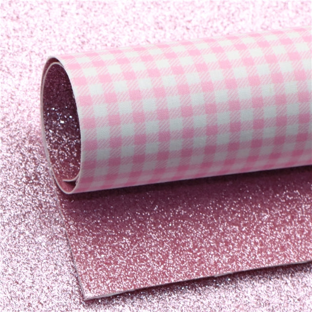 Pink and White Plaid Glitter Double Sided Faux Leather Sheet