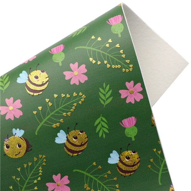 Bees and Flowers Gold Foil Printed Faux Leather Sheet FeeFiFauxLeather