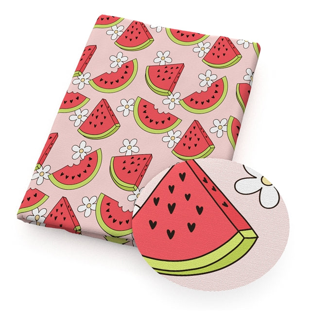Watermelon Fruit Litchi Printed Faux Leather Sheet Litchi has a pebble like feel with bright colors