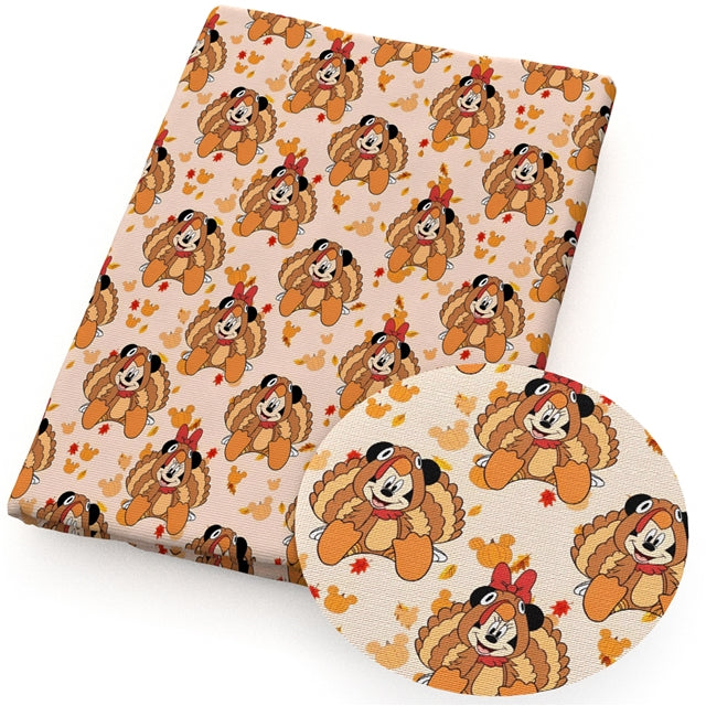 Mouse Fall Thanksgiving Turkey Litchi Printed Faux Leather Sheet Litchi has a pebble like feel with bright colors