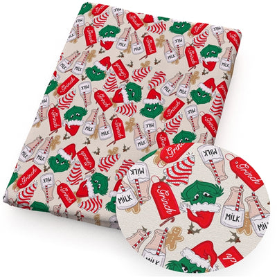 The Grinch Christmas Litchi Printed Faux Leather Sheet Litchi has a pebble like feel with bright colors