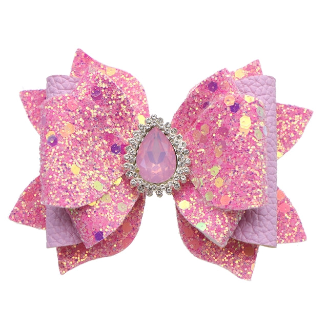 Hot Pink bow with Rhinestone  Centerpiece Printed Faux Leather Pre-Cut Bow