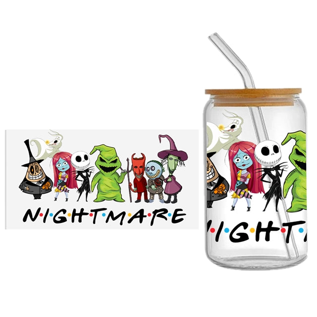 Nightmare Before Christmas UV DTF Glass Can Wrap for 16 oz Libbey Glass, Permanent and Ready to Apply, UV dtf Cup Wrap ready to ship, Glass Can Wrap