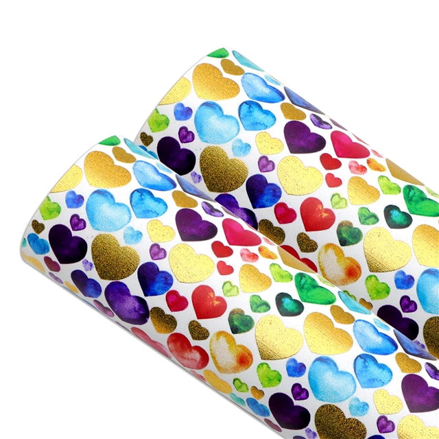 Rainbow Hearts Print Gold Foil Faux Leather Sheet