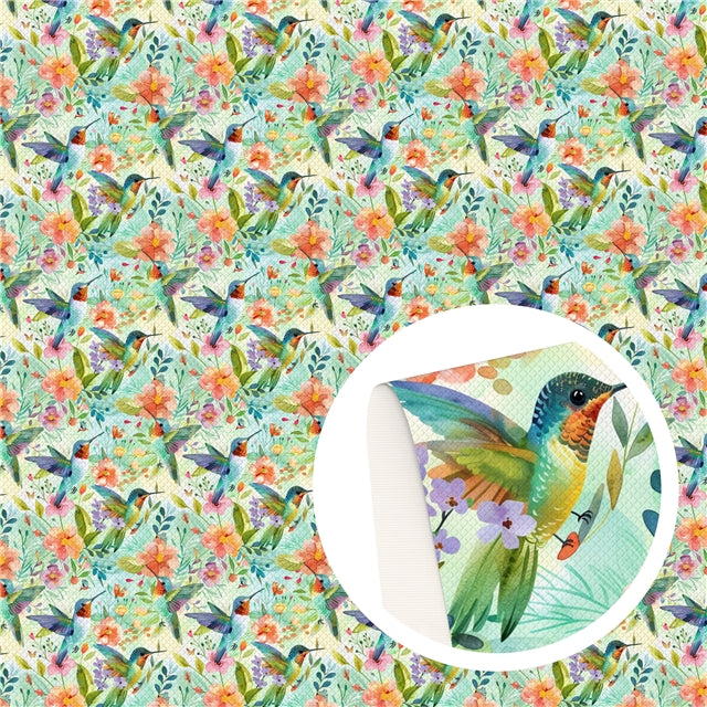 Humming Birds Printed Faux Leather Sheet Litchi has a pebble like feel with bright colors