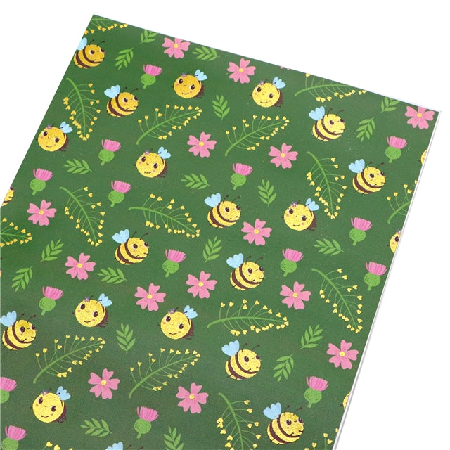 Bees and Flowers Gold Foil Printed Faux Leather Sheet FeeFiFauxLeather