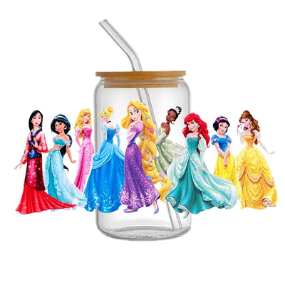 Princesses UV DTF Glass Can Wrap for 16 oz Libbey Glass, Permanent and Ready to Apply, UV dtf Cup Wrap ready to ship, Glass Can Wrap