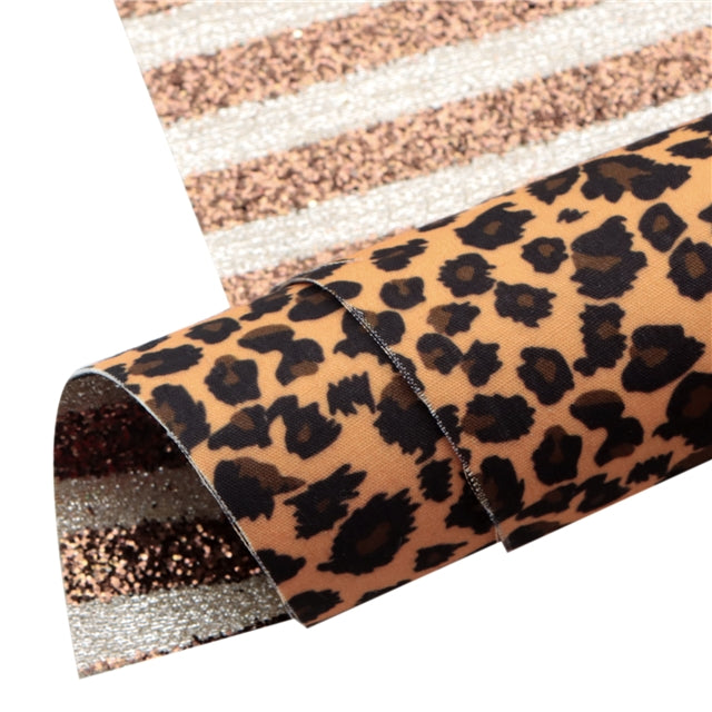 Leopard Fabric Brown Glitter Double Sided Pattern Faux Leather Sheet