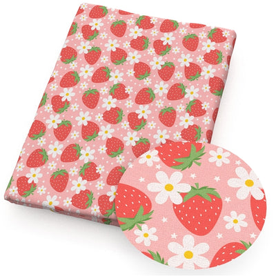 Strawberry Daisy Flower Strawberries Printed Faux Leather Sheet Litchi has a pebble like feel with bright colors