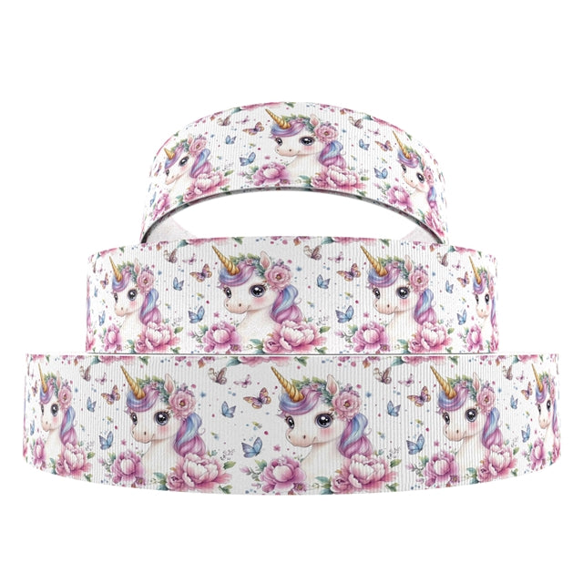 Unicorn Butterflies Floral 1 Yard Printed Grosgrain Ribbon 1 1/2 inch wide
