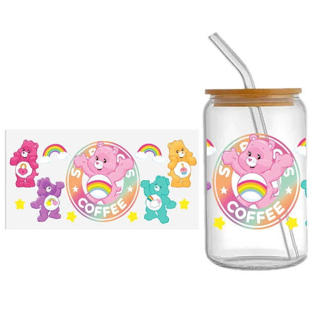 Carebears UV DTF Glass Can Wrap for 16 oz Libbey Glass, Permanent and Ready to Apply, UV dtf Cup Wrap ready to ship, Glass Can Wrap