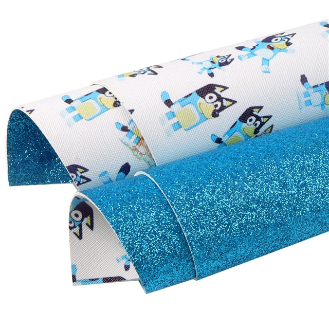 Blue Dog Glitter Double Sided Pattern Faux Leather Sheet