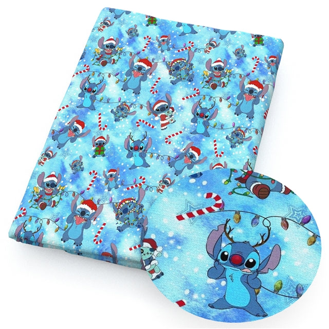 Blue Alien Christmas Printed Fabric FeeFiFauxLeather