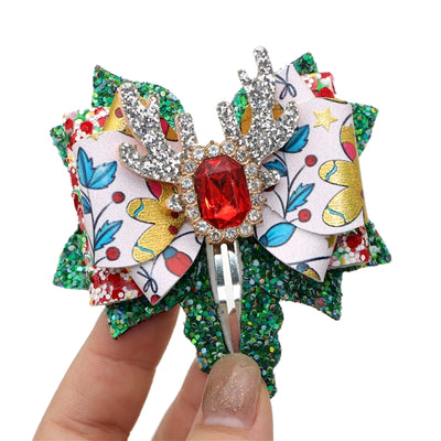 Christmas Printed Faux Leather Pre-Cut Bow Clip Includes Centerpiece
