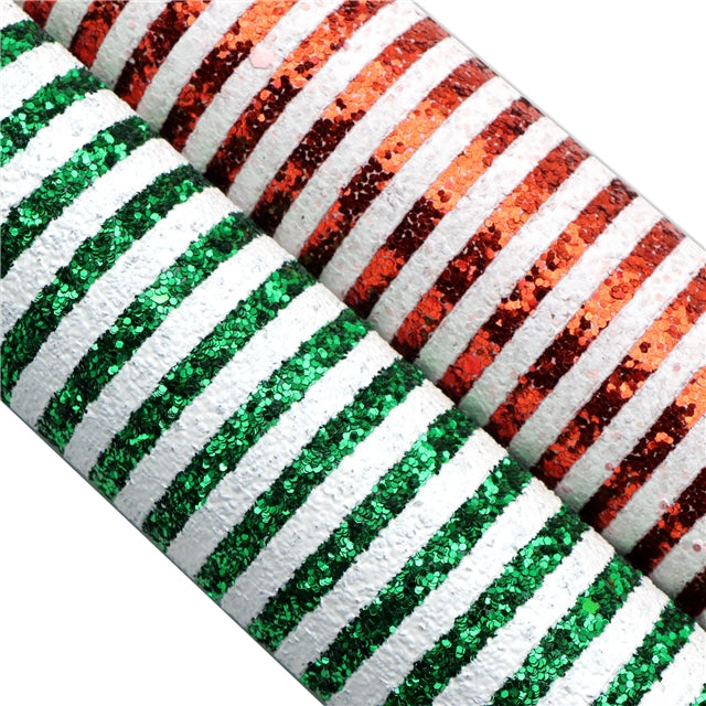 Green and White Stripes Chunky Glitter Christmas Candy Cane FeeFiFauxLeather