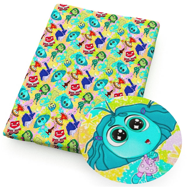 Inside Out Movie Printed Faux Leather Sheet Litchi has a pebble like feel with bright colors