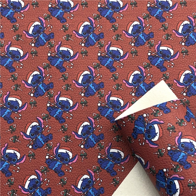 Blue Alien Christmas  Printed Faux Leather Sheet Litchi has a pebble like feel with bright colors