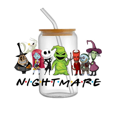 Nightmare Before Christmas UV DTF Glass Can Wrap for 16 oz Libbey Glass, Permanent and Ready to Apply, UV dtf Cup Wrap ready to ship, Glass Can Wrap